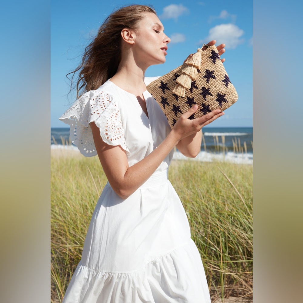 Mar Y Sol NWT Estrella Clutch Crocheted Raffia Bag Navy Star - Picture 3 of 8